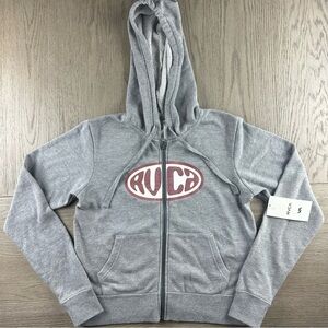 RVCA Hoodie Small Gray Full Zip Distressed Logo Y2K Skate Surf Womens Cropped
